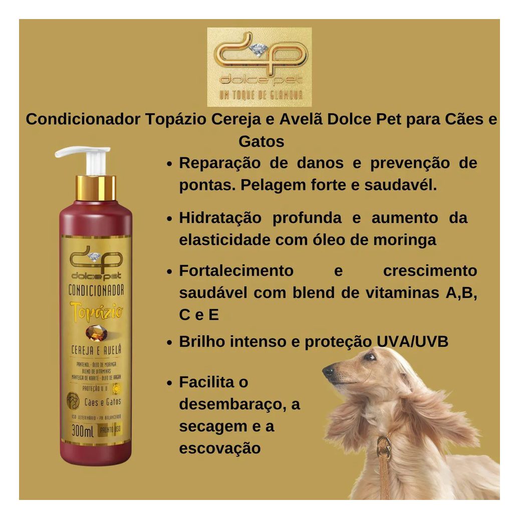 Kit Dolce Pet Shampoo Clareador Tonalizante + Condicionador Topázio Cereja e Avelã para Cães e Gatos 500Ml