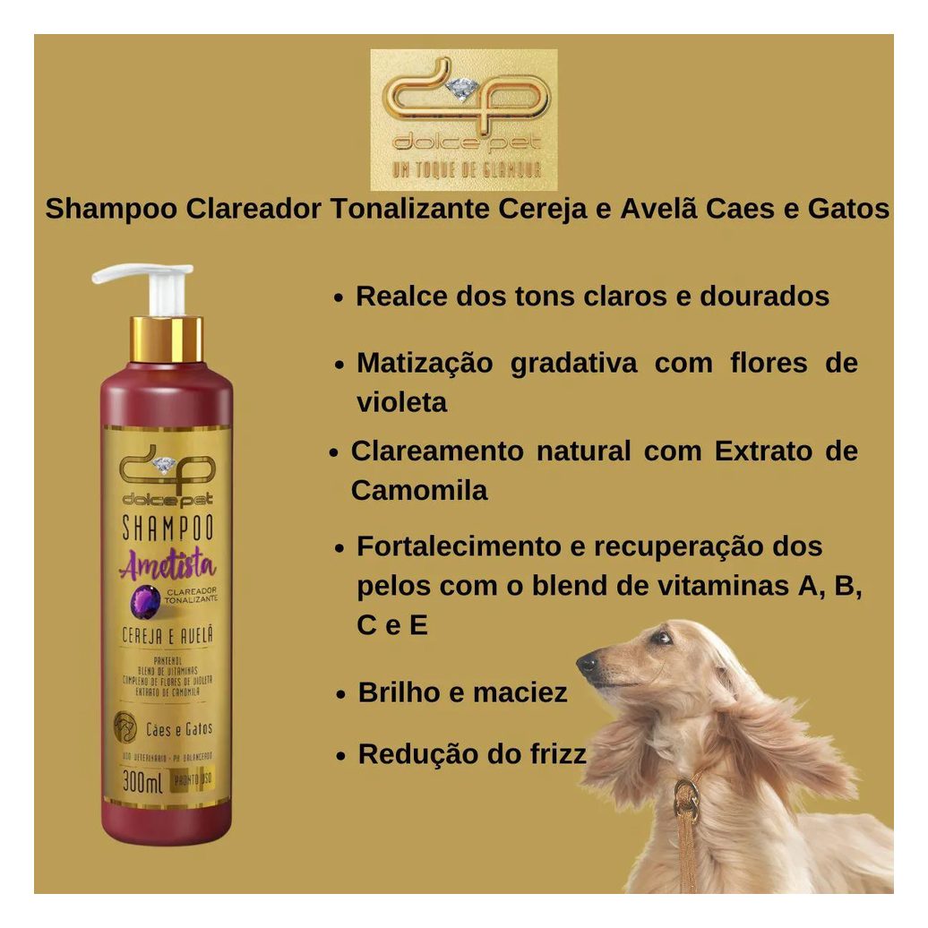Kit Dolce Pet Shampoo Clareador Tonalizante + Condicionador Neutro para Cães e Gatos 300Ml