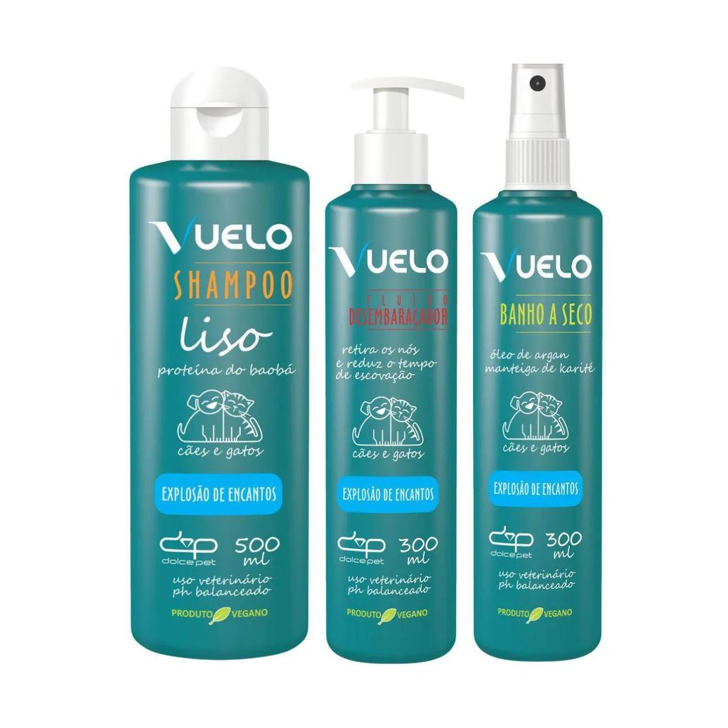 Kit Vuelo Shampoo Liso + Fluido Desembaraçador + Banho a Seco Explosão de Encantos para Cães e Gatos