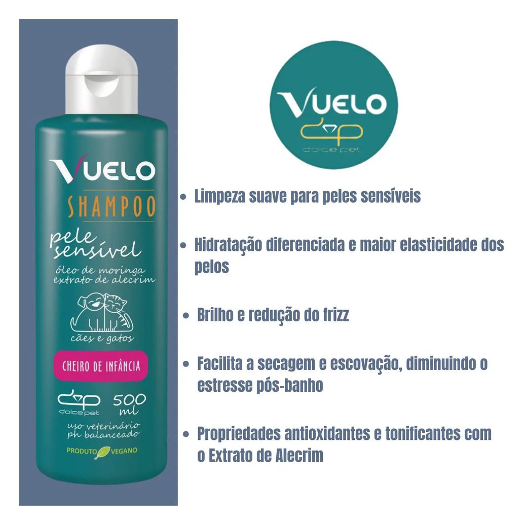 Shampoo Vuelo Pele Sensível Cheiro de Infância para Cães e Gatos 500Ml