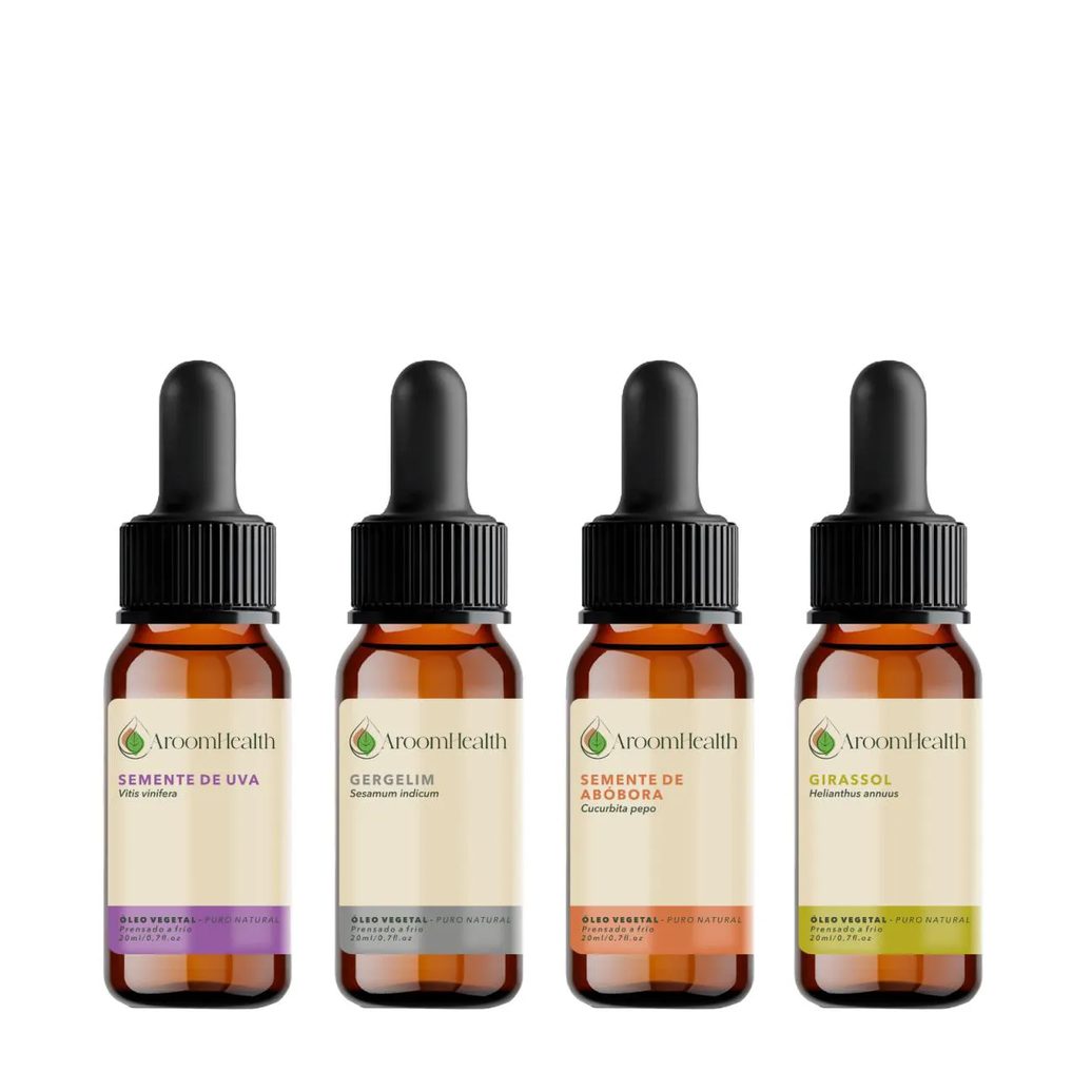 Kit de Óleos Vegetais – Semente de Abóbora, Semente de Uva, Gergelim e Girassol – 20 Ml Cada