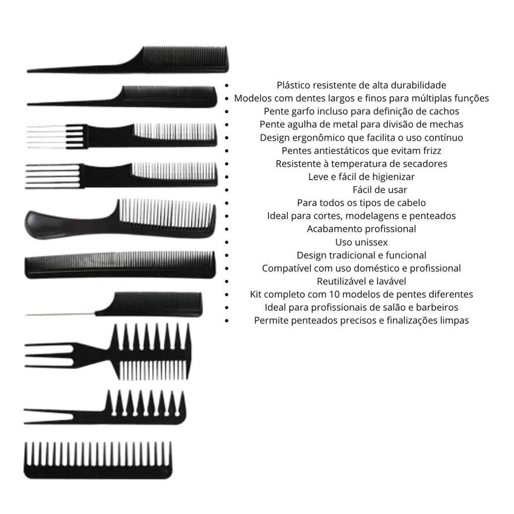 Kit 10 Pentes Profissional Cabeleireiro Pente Fino Garfo Salão Barbeiro para Corte