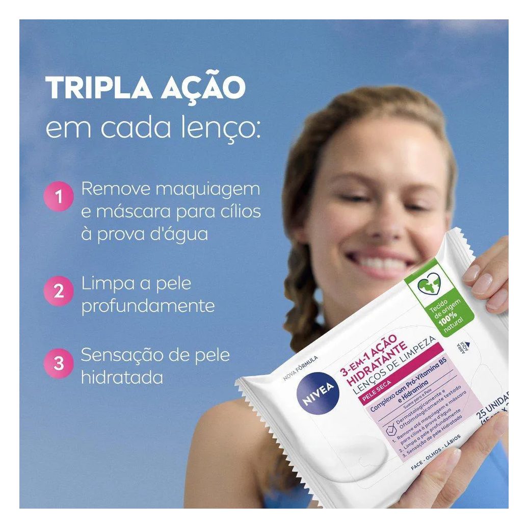 Lenços de Limpeza Facial Nivea Ação Hidratante 3 em 1 25Un