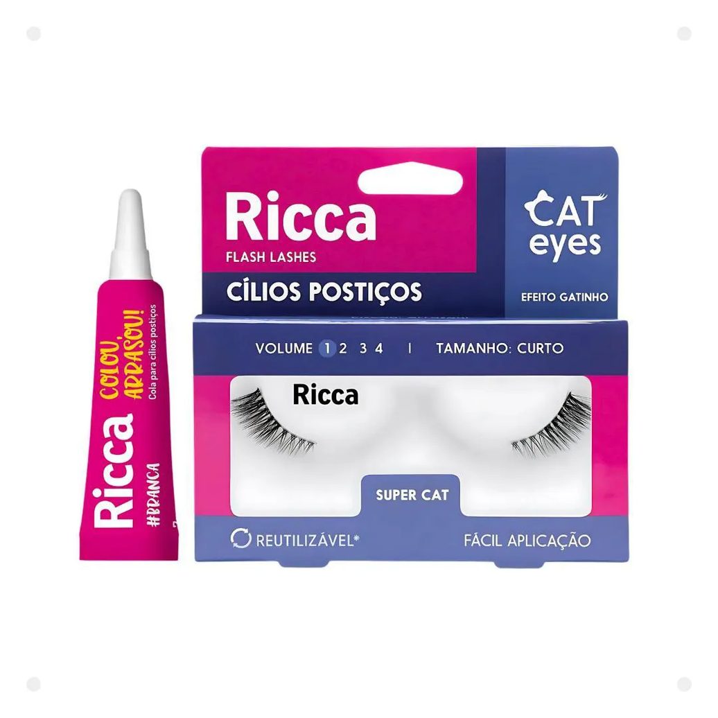 Cílios Postiços + Cola Branca Ricca Belliz Cat Eyes Super Cat Vol:1 Curto