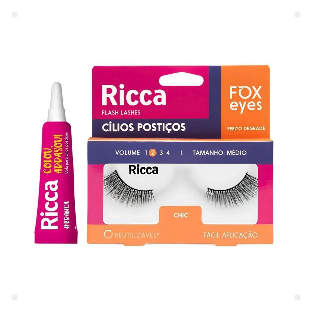 Cílios Postiços + Cola Branca Ricca Belliz Fox Eyes Chic Vol:2 Medio