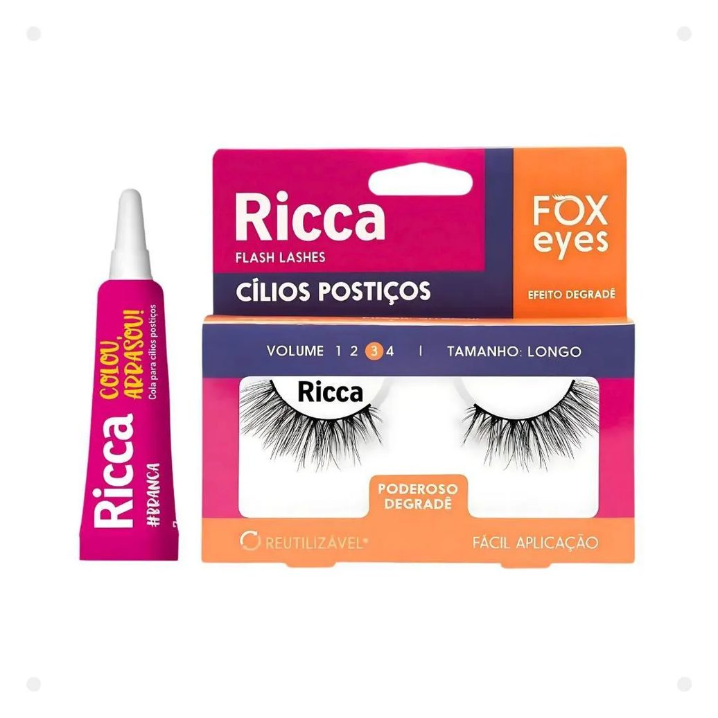 Cílios Postiços + Cola Branca Ricca Belliz Fox Eyes Poderoso Degradê Vol:3 Longo Cód.2693