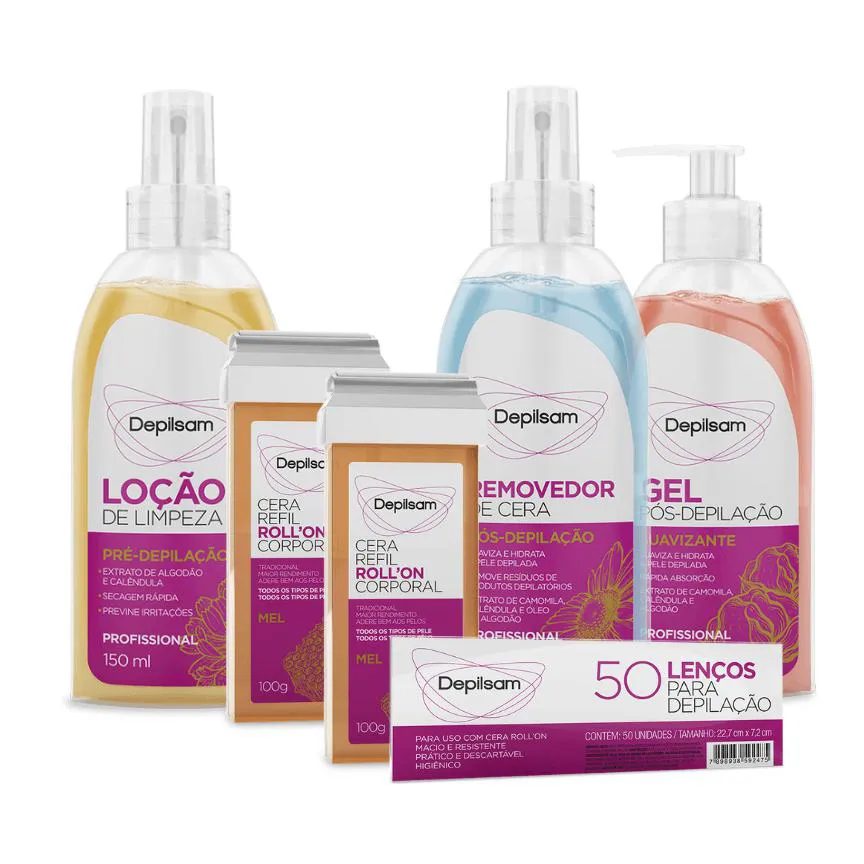 Kit Completo Cera Refil Roll-On + Lenços + Removedor de Cera + Loção de Limpeza Pré Depilação + Gel Pós Depilação Mel Depilsam