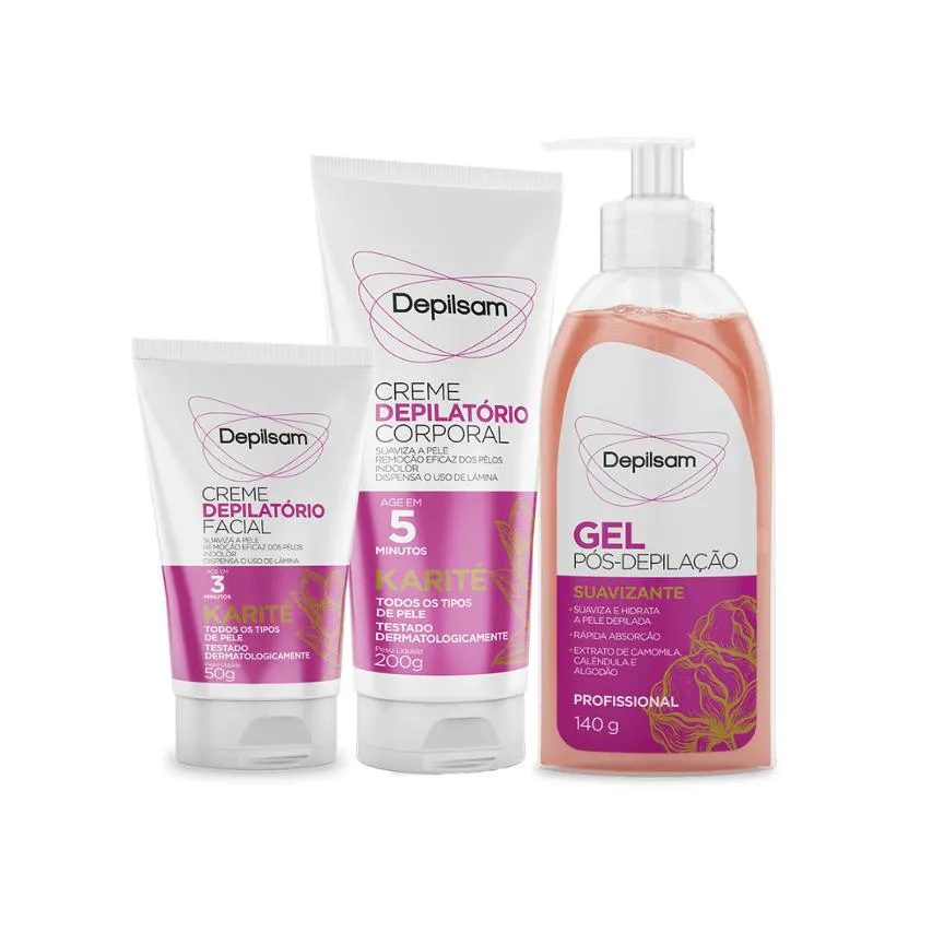Kit Completo Creme Depilatório Corporal + Creme Facial + Gel Pós Depilação Karité
