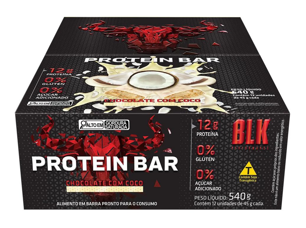 Protein Bar Blk - Barra de Proteína 12 Unidades # Original # Sabor Chocolate com Coco