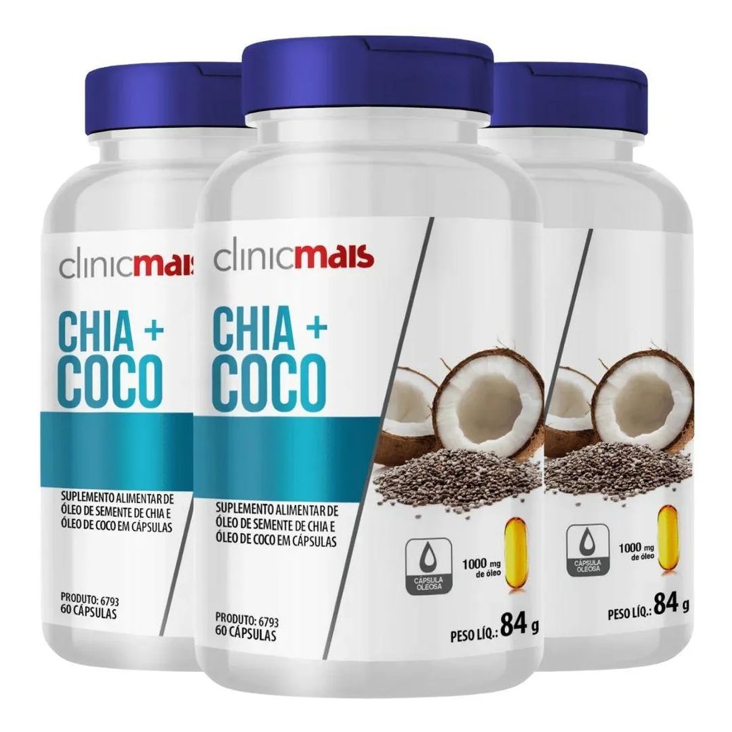 Kit 3X Óleo de Coco + Óleo de Chia 60 Cápsulas - Clinicmais