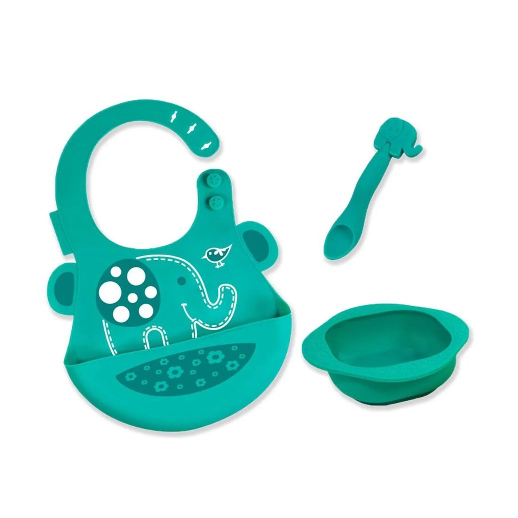 Kit de Alimentação com Tigela 200Ml sem Sucção + Colher e Babador Elefante Ollie – Marcus & Marcus