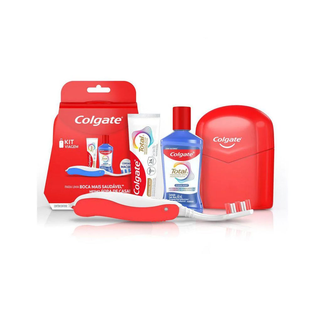 Kit Viagem Colgate Total Prevenção Ativa Enxaguante Bucal Sem Álcool 60ml + Pasta de Dente 30g + Escova de Dente