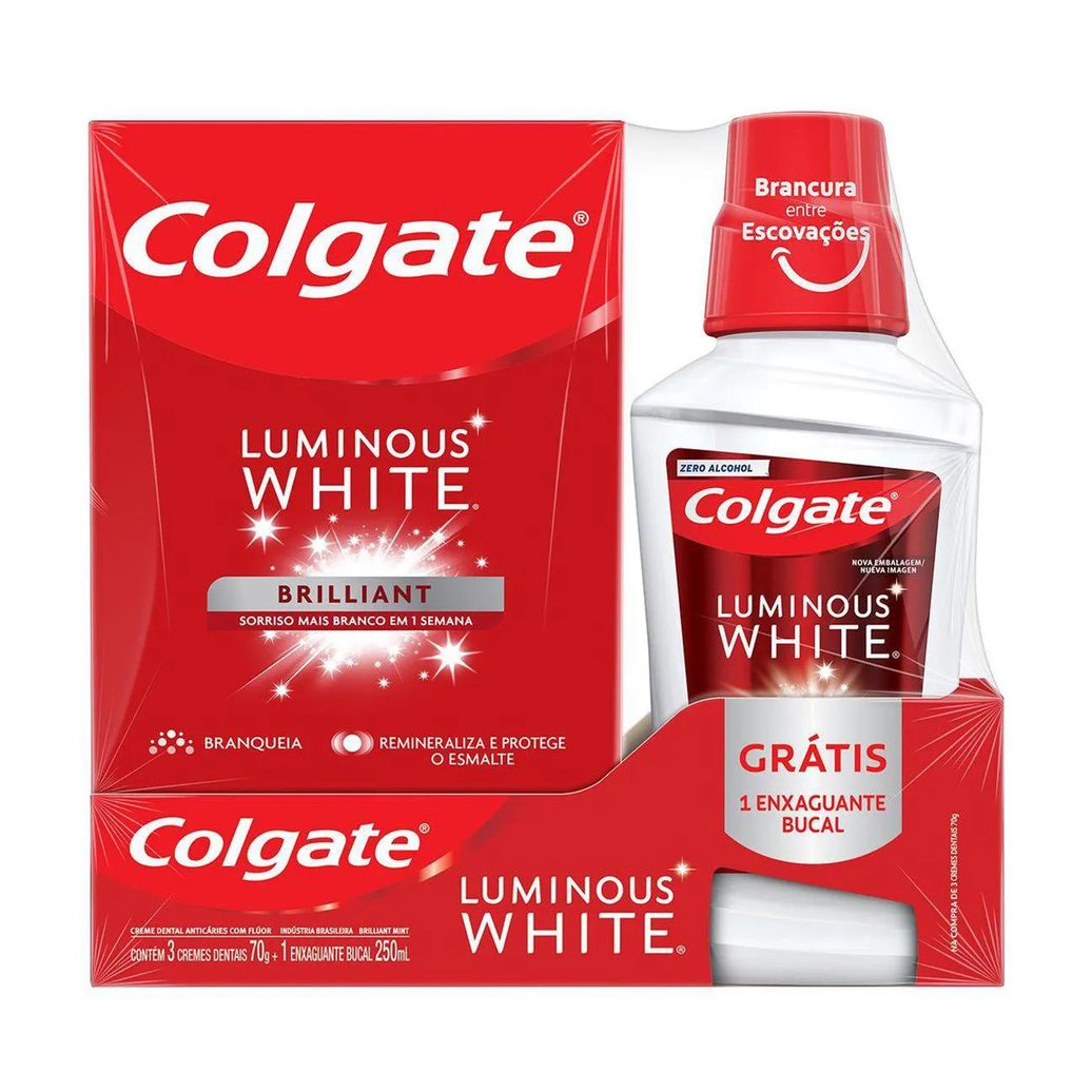 Kit Colgate Luminous White Brilliant Creme Dental 70g 3 unidades + Enxaguante Bucal 250ml