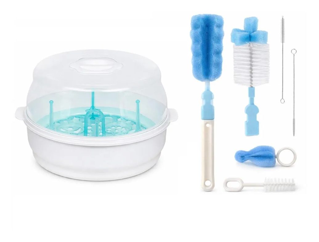 Esterilizador + Escova de Mamadeiras e Canudo Azul Buba