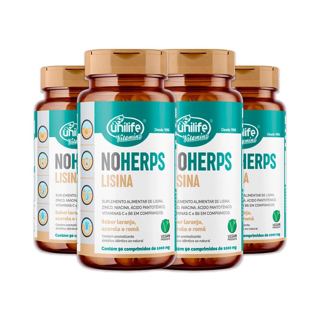 Kit 4 Noherps Lisina Unilife 90 Comprimidos Laranja e Acerola