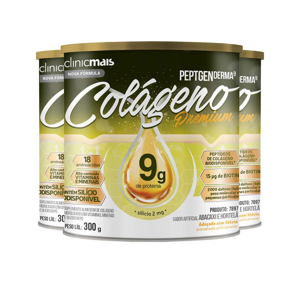 Kit 3 Colágeno Peptgenderma Clinicmais 300G Abacaxi com Hortelã