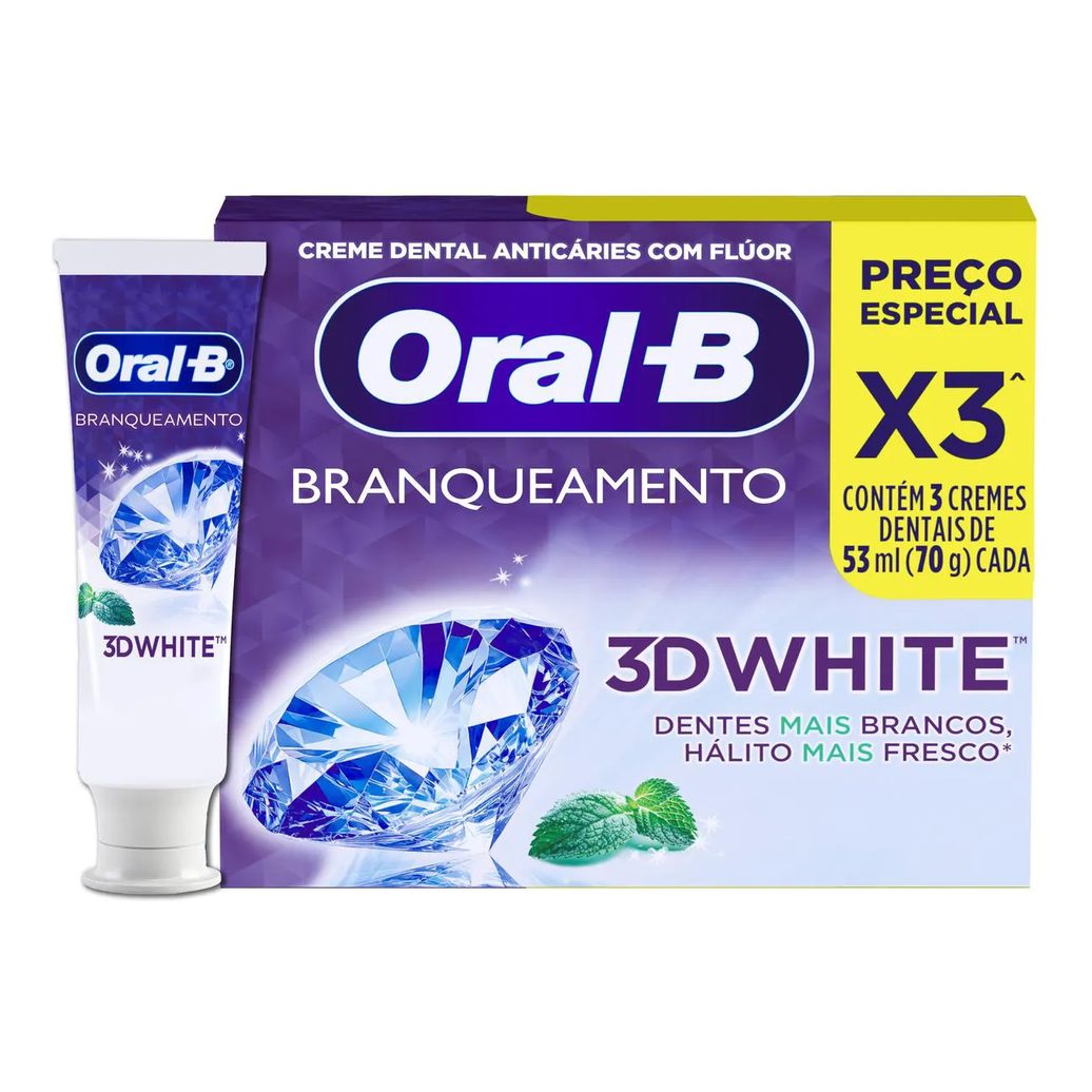 Creme Dental Oral-B 3D White Branqueamento 70g 3 unidades