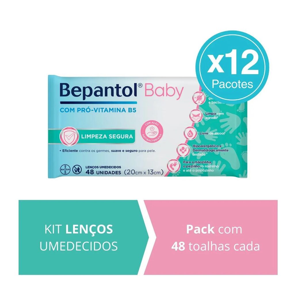 Kit 12 Lenços Umedecidos Proteção Antibac 48Un Cada Bepantol