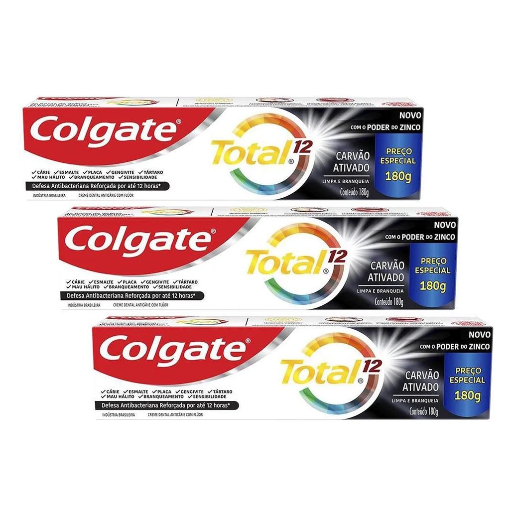 Kit 3 Cremes Dentais Colgate Total Carvão Ativado 180G