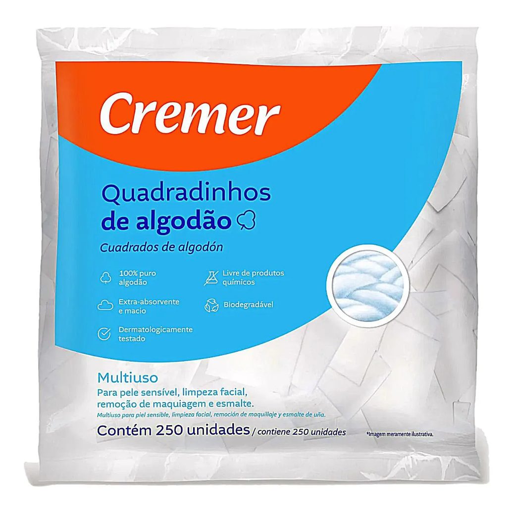 Quadradinhos de Algodão Cremer sem Perfume 250 Unidades