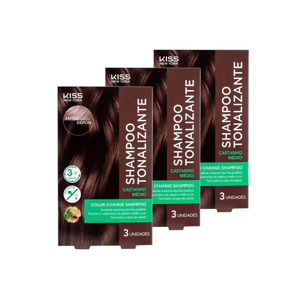 Kit com 3 Shampoos Tonalizantes Color Change Castanho Médio - Kiss New York