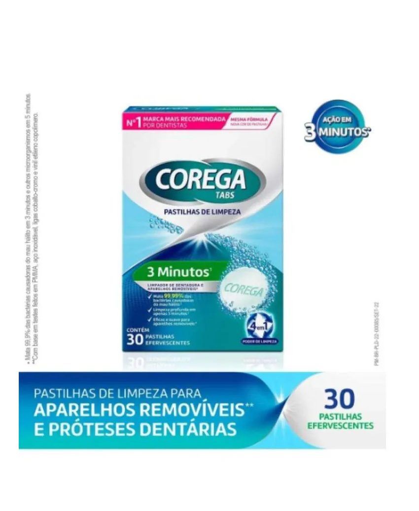 Corega Tabs Limpador de Próteses Dentárias Sabor Menta 30 Pastilhas