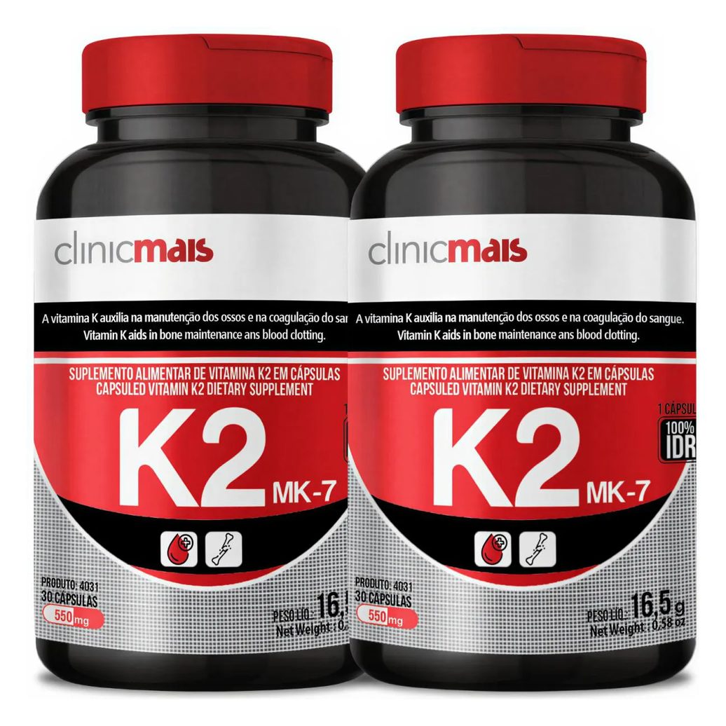 Kit 2 Vitamina K2 Menaquinona-7 Mk-7 65Mcg Total 60 Cápsulas 1 ao Dia - Clinicmais