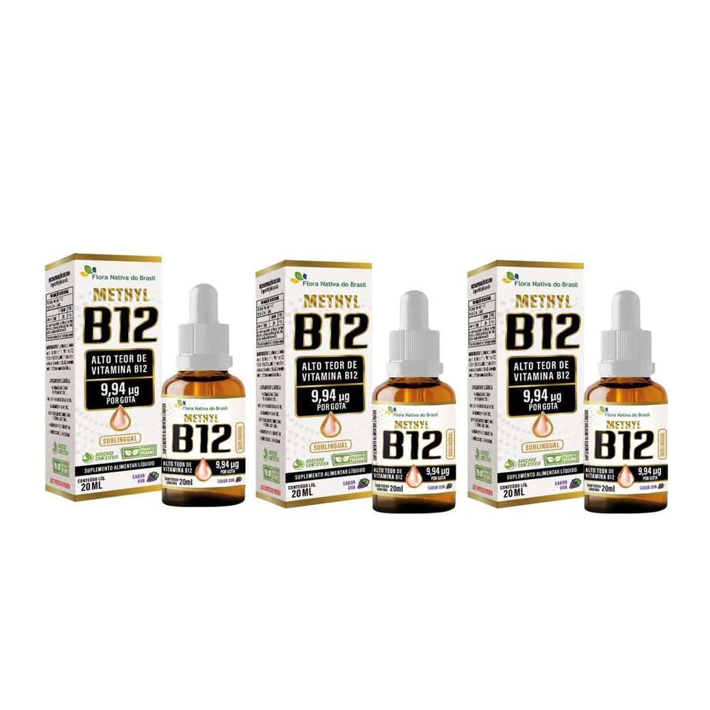 Kit C/ 3 Vitamina B12 Uva 20Ml - Metilcobalamina 9,94 Mcg Por Gota - Flora Nativa