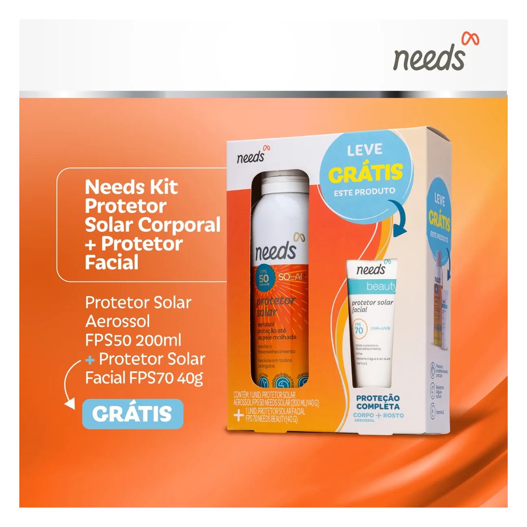 Kit Protetor Solar Needs Facial FPS 70 40g + Corporal FPS 50 Aerossol 200ml