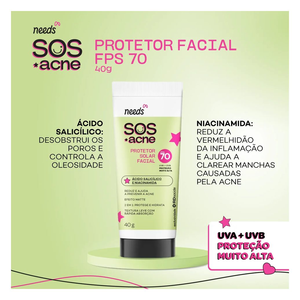Protetor Solar Facial Needs SOS Acne FPS 70 40g