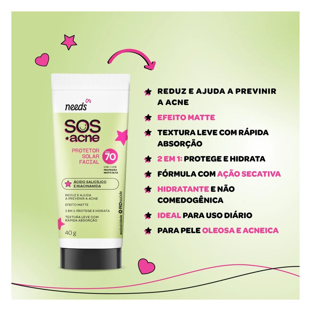 Protetor Solar Facial Needs SOS Acne FPS 70 40g