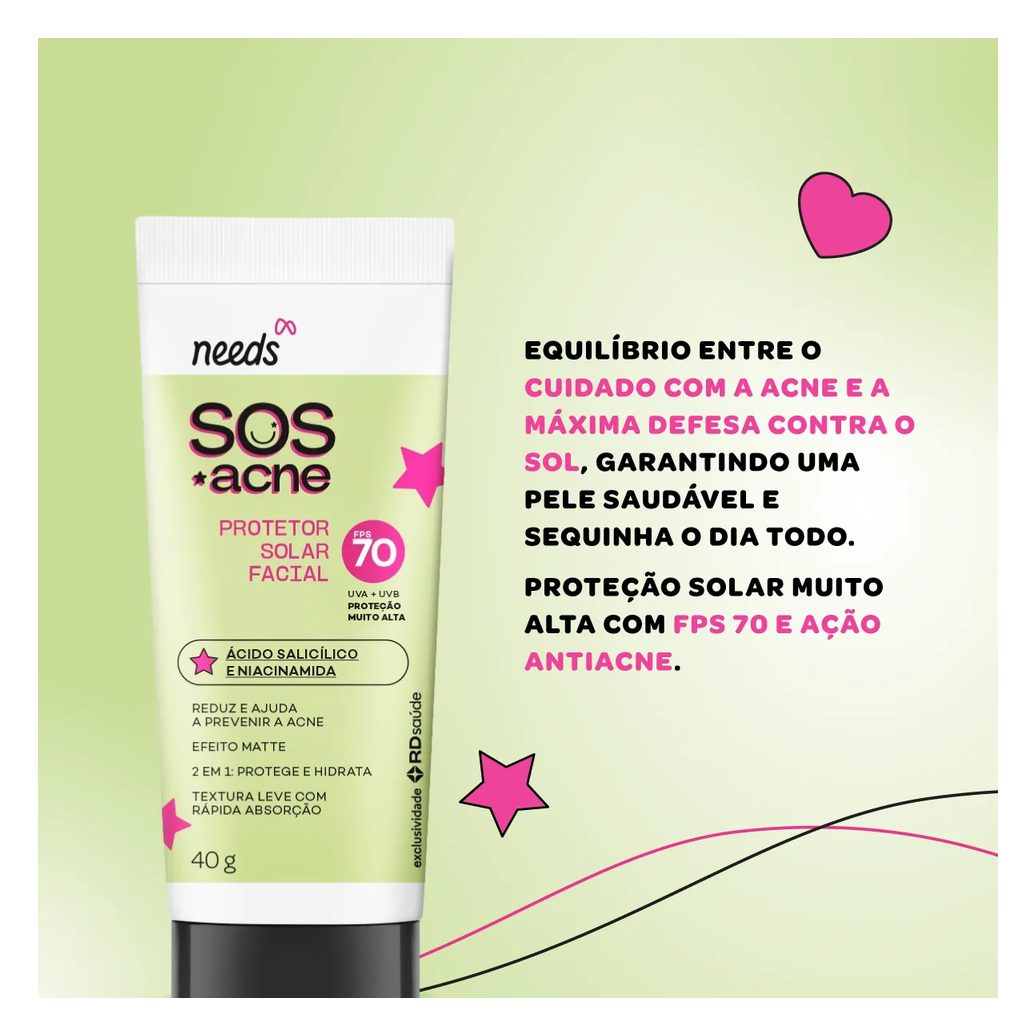 Protetor Solar Facial Needs SOS Acne FPS 70 40g