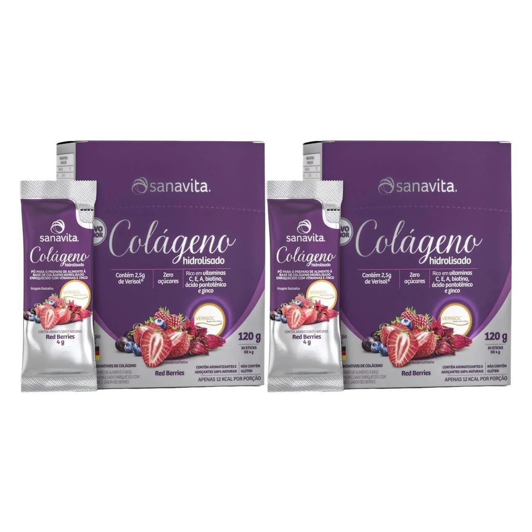 Kit 2X Colágeno Verisol Hidrolisado - 30 Sticke de 4G Red Berries - Sanavita