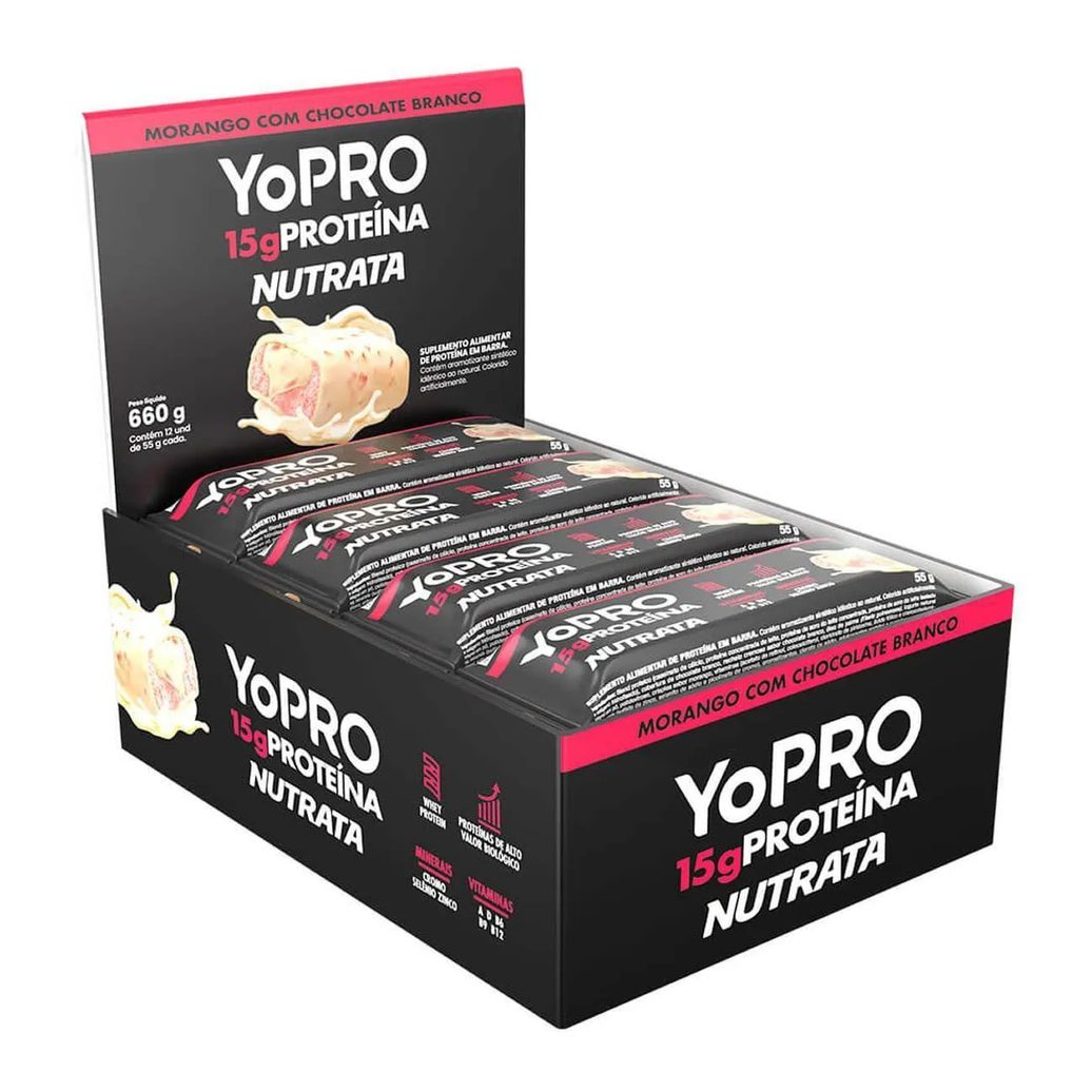 Yopro - 12 Barras 55G Morango com Chocolate Branco - Nutrata