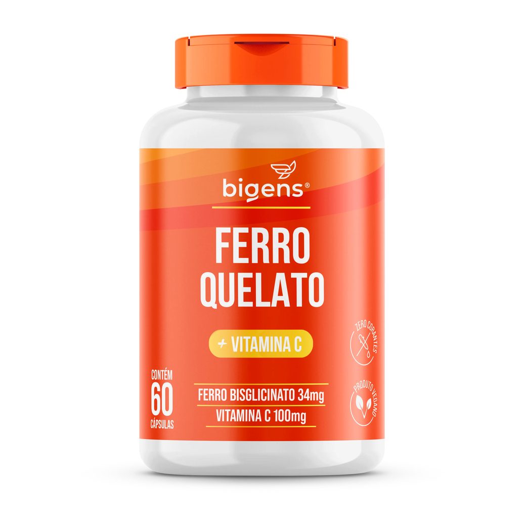 Ferro Quelato 34mg + Vitamina C 100mg ( Por Cápsula ) | 60 Cápsulas | Vegano | Bigens