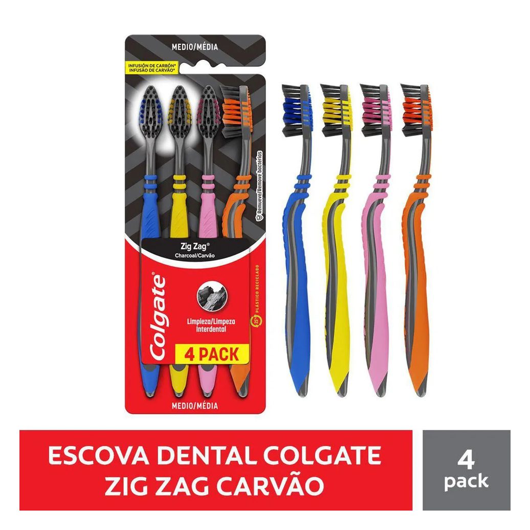 Escova de Dente Colgate ZigZag Carvão 4 unidades