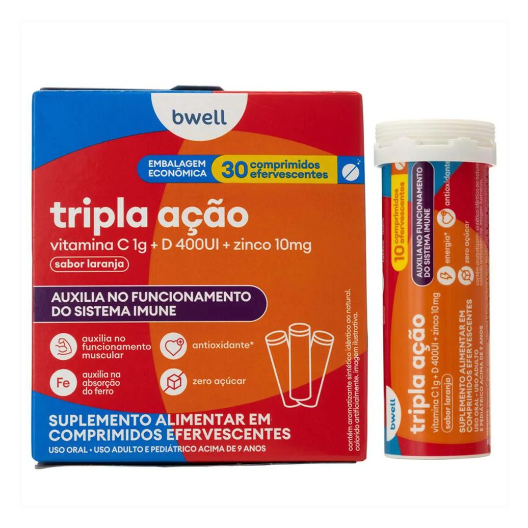 Vitamina C bwell Tripla Ação 30 Comprimidos Efervescentes