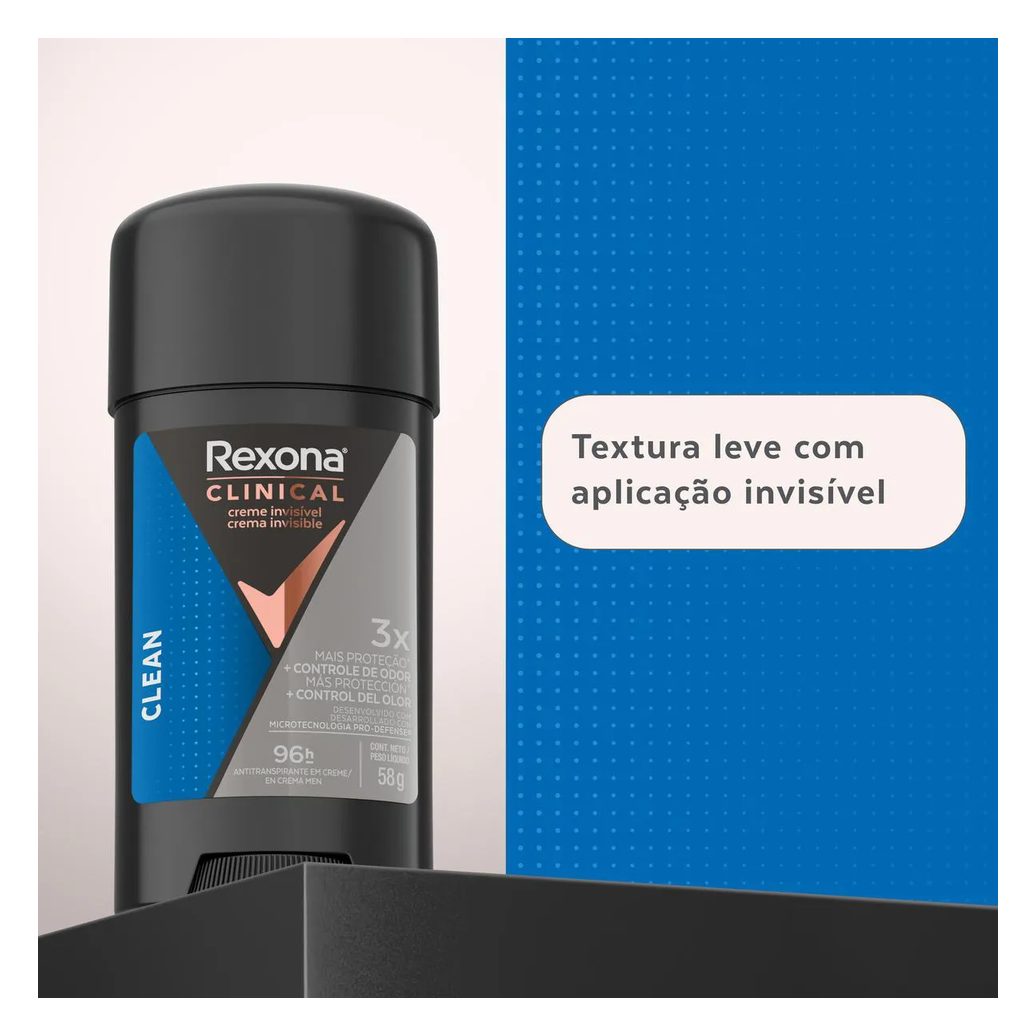 Desodorante Antitranspirante Stick Creme Rexona Men Clinical Clean Masculino 96h 58g