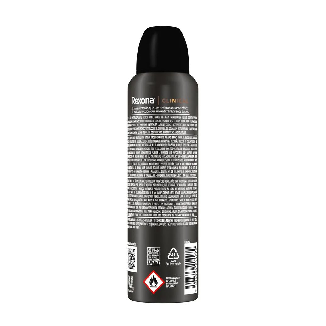 Desodorante Antitranspirante Aerosol Rexona Men Clinical Clean Masculino 96h 150ml