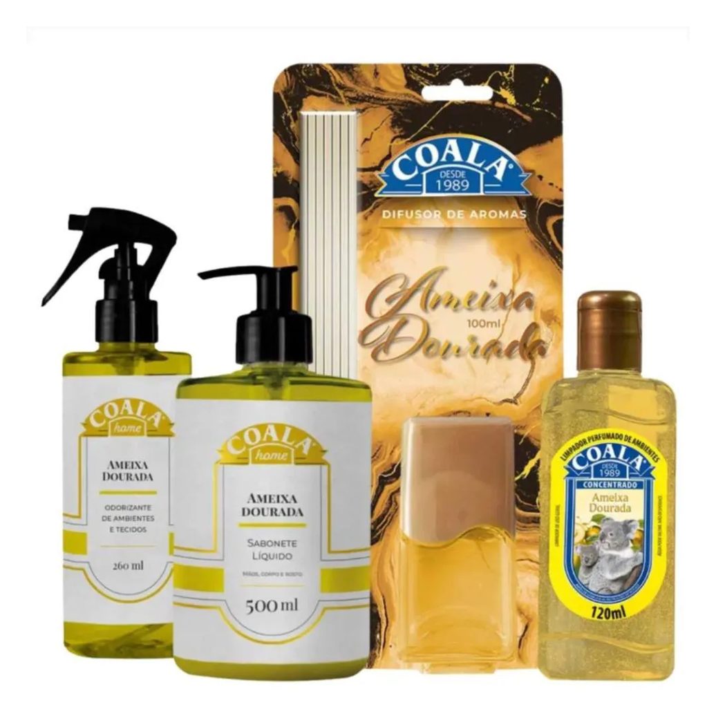 Kit Coala Ameixa Dourada: Limpador Perfumado 120Ml, Sabonete Líquido 500Ml, Odorizante de Ambientes 260Ml e Difusor de Aromas 100Ml