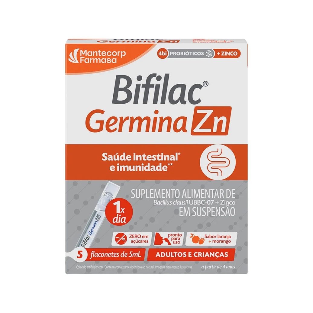 Probiótico Bifilac Germina ZN 4bi + Zinco Suspensão Oral Laranja e Morango 5 flaconetes de 5ml cada