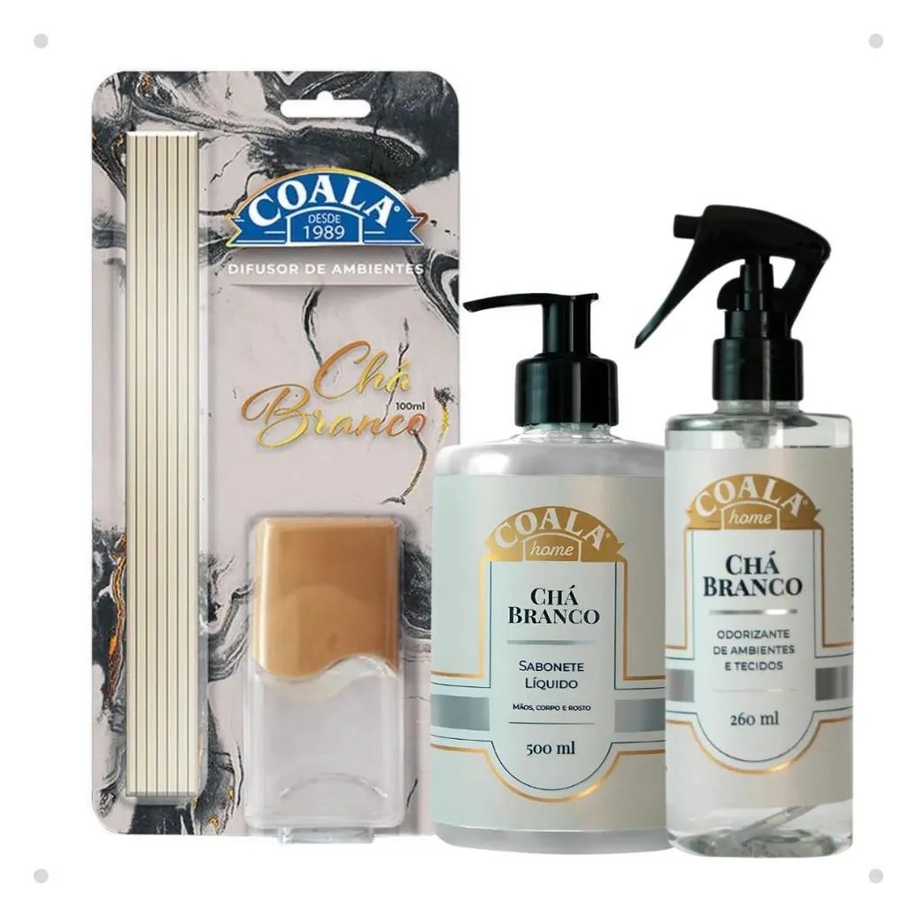 Kit Coala Chá Branco: Sabonete Líquido, Difusor de Aromas e Odorizante de Ambientes
