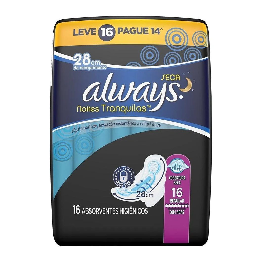 Absorvente Always Noturno Malha Seca com Abas - Embalagem com 16 Unidades - Leve 16 Pague 14