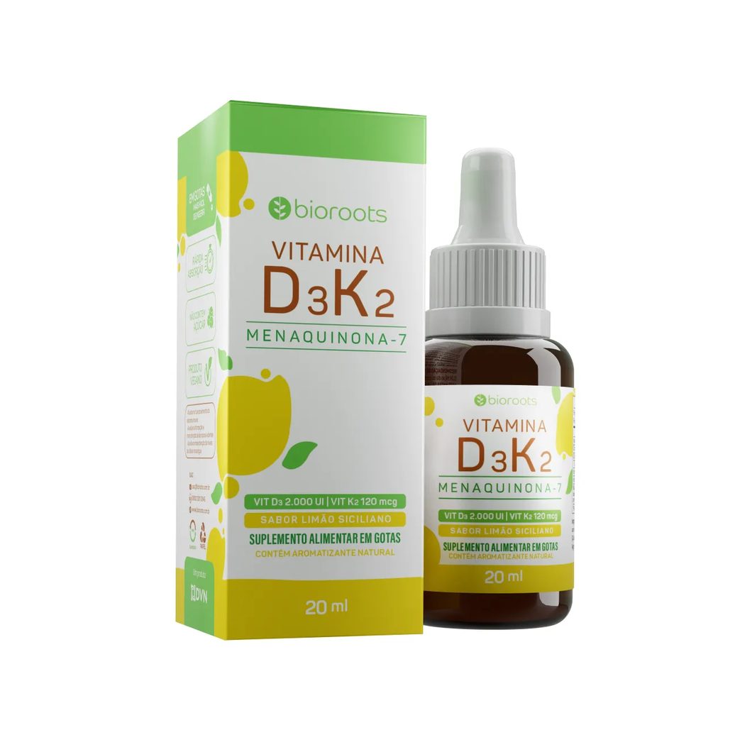 Vitamina D3 2.000UI + K2 120 mcg Bioroots Sabor Limão Siciliano 20 ml