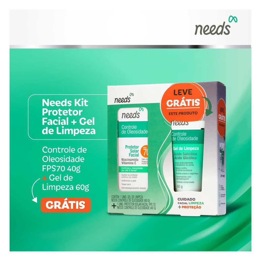 Kit Facial Needs Protetor Solar FPS 70 40g + Gel de Limpeza 60g