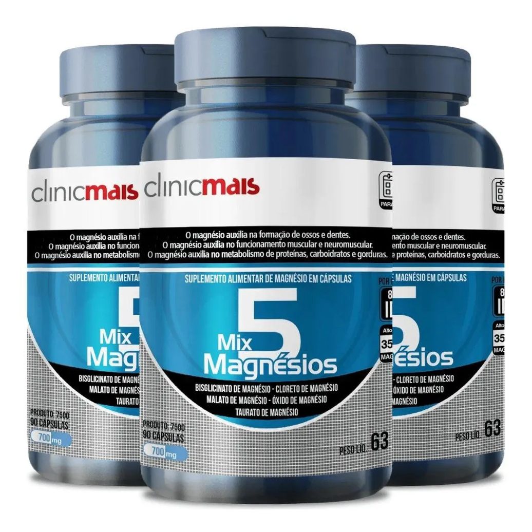 Kit 3X 5 Mix Magnésios 90 Cápsulas - Clinicmais