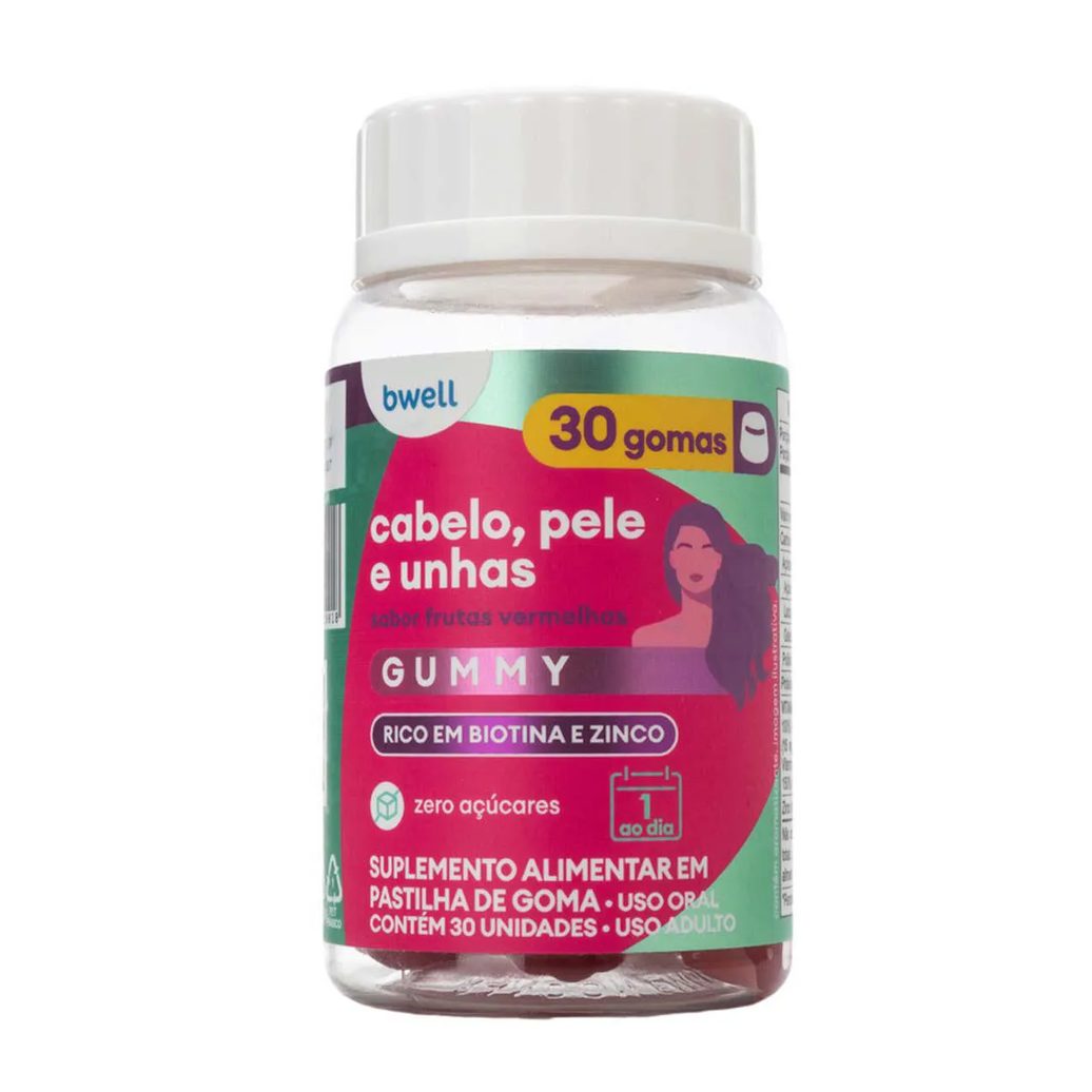 Suplemento Alimentar Bwell Cabelo, Pele e Unhas Gummy Frutas Vermelhas 30 gomas