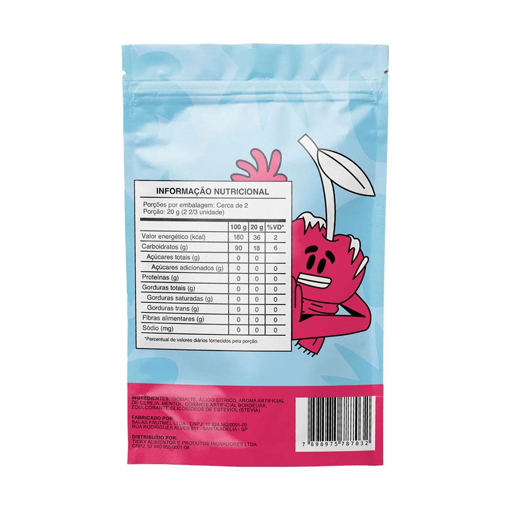 Pirulito Ticky Zero Açucar Ice Cherry Pouch 4 unidades