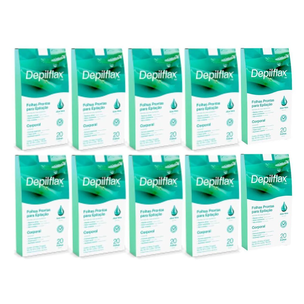 Kit 10 Folhas Prontas Corporais Depilação Cera Depilflax Aloe Vera 200Un