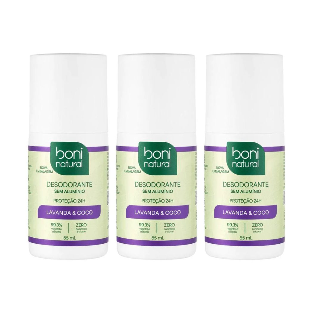 Kit 3 Desodorante Roll-On Boni Natural Coco e Lavanda 55Ml